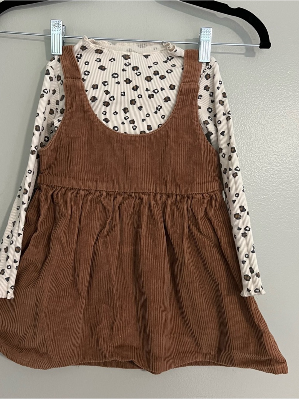 Carter's Brown Corduroy Pinafore Dress with Cream Leopard Top fall outfit‎